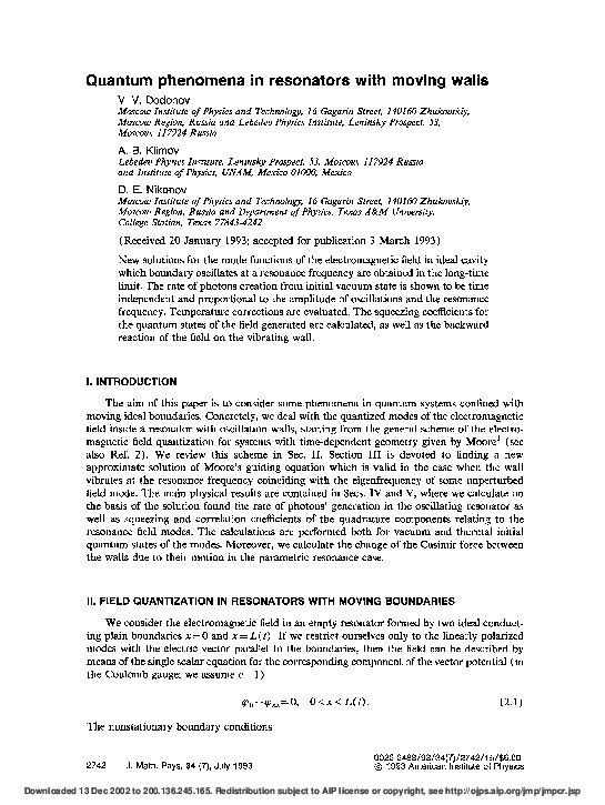 Quantum phenomena in resonators with moving walls