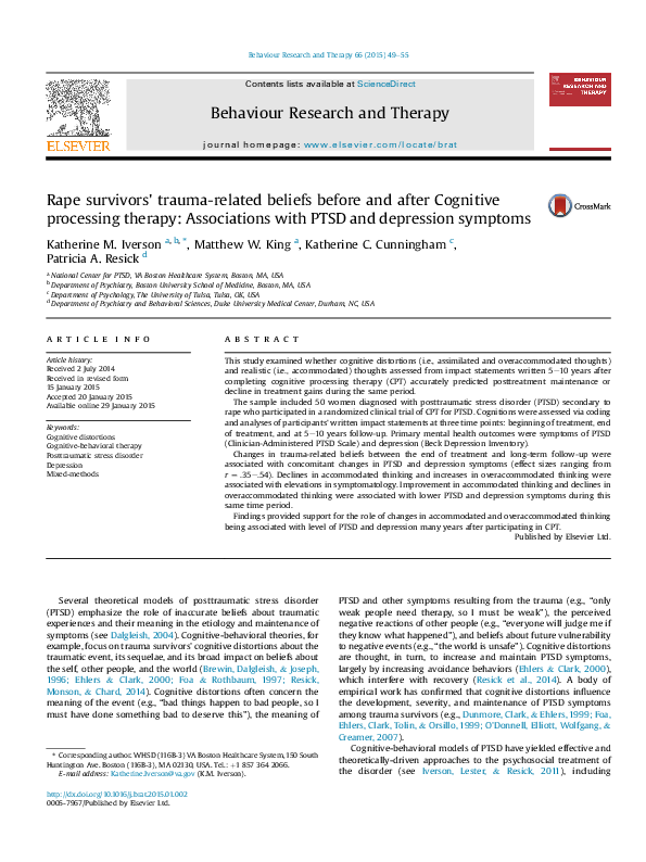 (PDF) Rape survivors' trauma-related beliefs before and after Cognitive ...