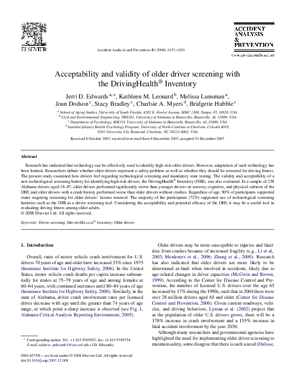 (PDF) Acceptability and validity of older driver screening with the ...