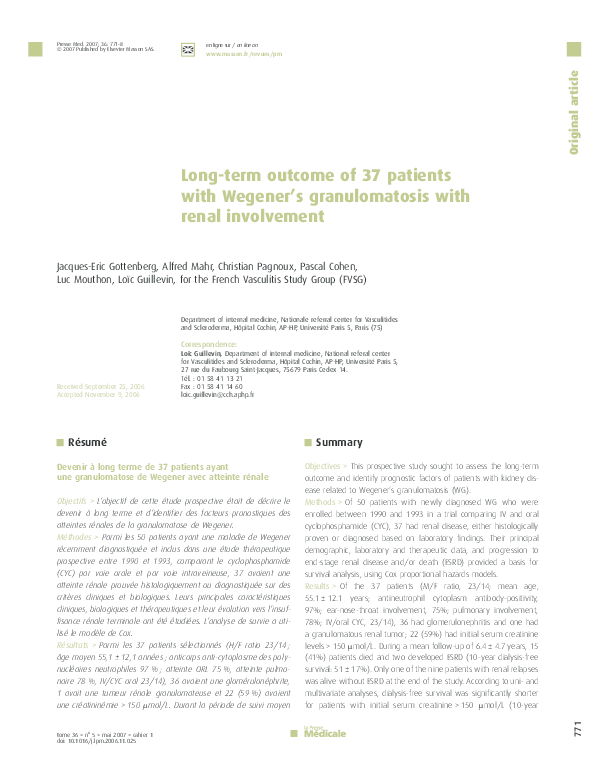 (PDF) Long-term outcome of 37 patients with Wegener's granulomatosis ...