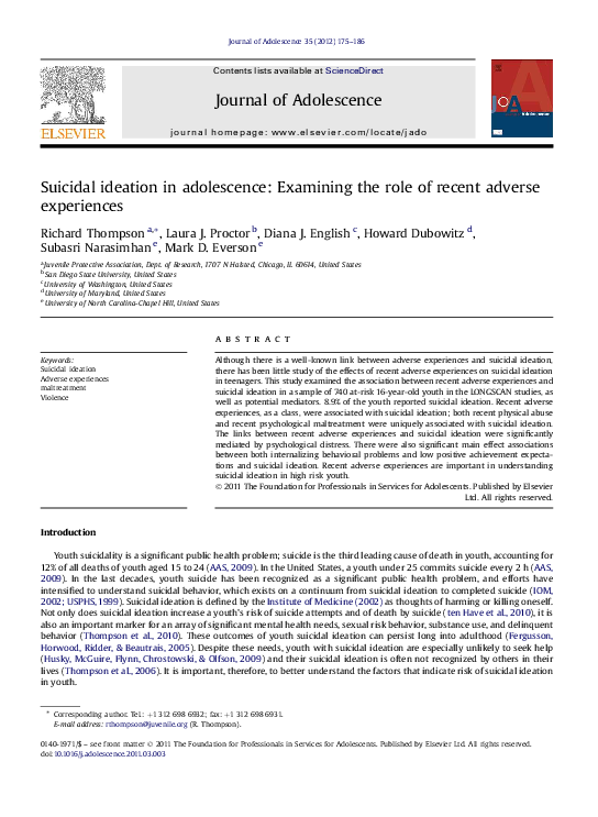(PDF) Suicidal ideation in adolescence: Examining the role of recent ...