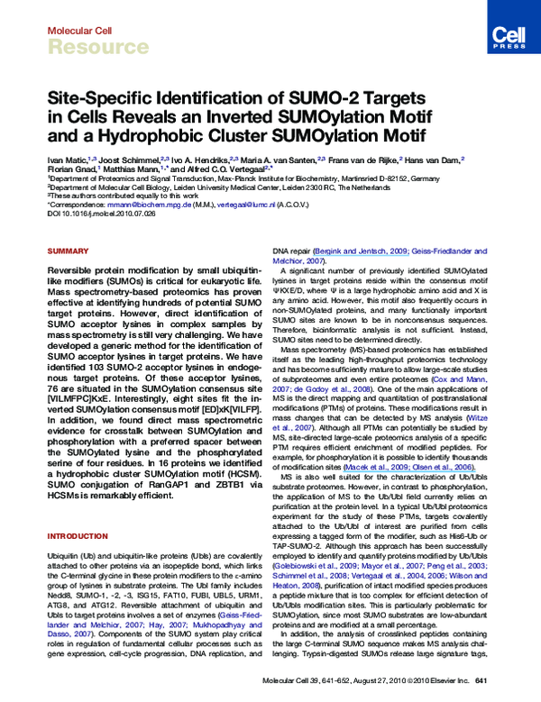 (PDF) Site-Specific Identification of SUMO-2 Targets in Cells Reveals ...