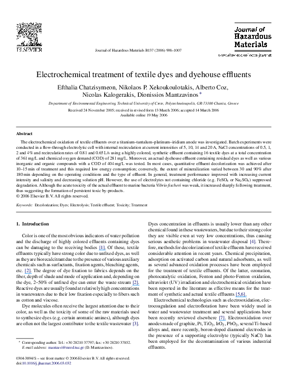 (PDF) Electrochemical treatment of textile dyes and dyehouse effluents