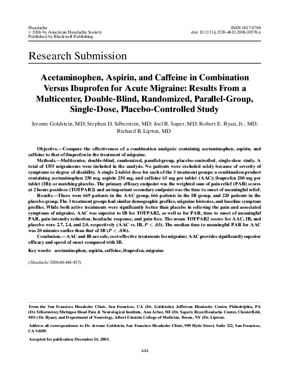 (PDF) Acetaminophen, Aspirin, and Caffeine in Combination Versus Ibuprofen for Acute Migraine