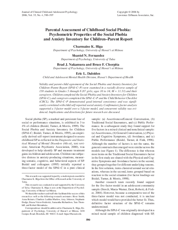 (PDF) Parental Assessment of Childhood Social Phobia: Psychometric ...