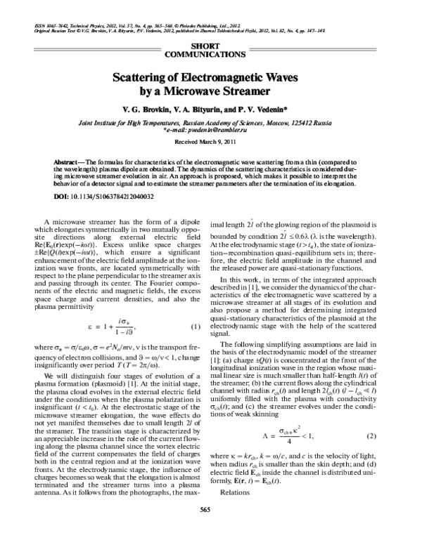 (PDF) Scattering of electromagnetic waves by a microwave streamer
