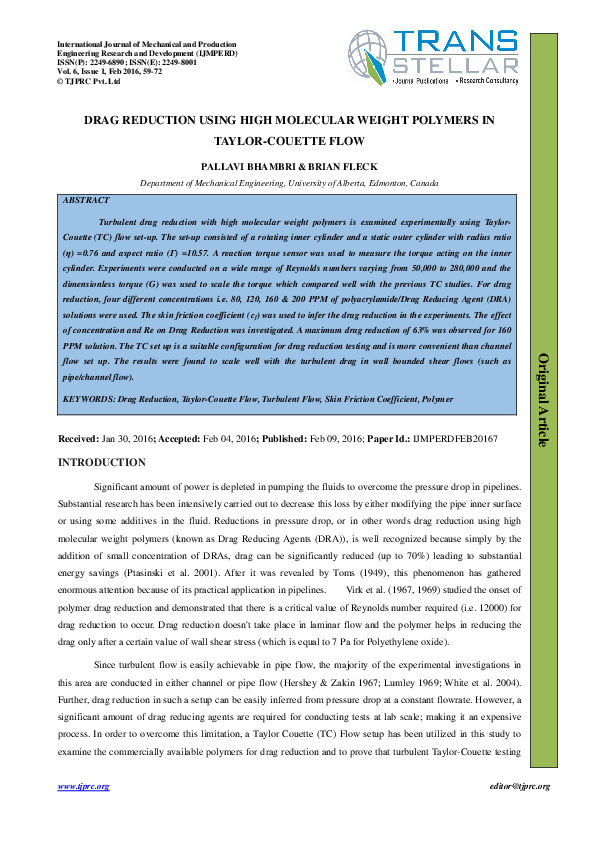 DRAG REDUCTION USING HIGH MOLECULAR WEIGHT POLYMERS IN TAYLOR-COUETTE FLOW