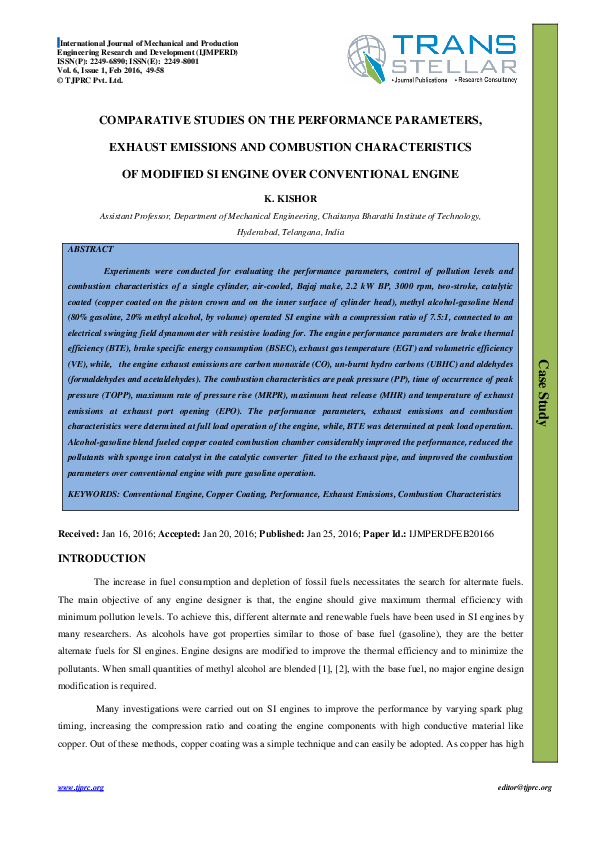 COMPARATIVE STUDIES ON THE PERFORMANCE PARAMETERS, EXHAUST EMISSIONS ...