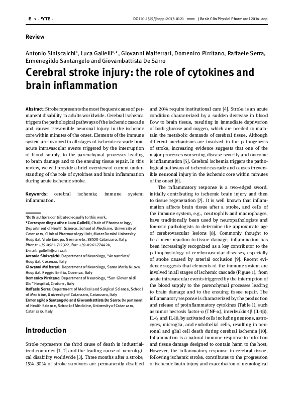 (PDF) Cerebral stroke injury: the role of cytokines and brain inflammation