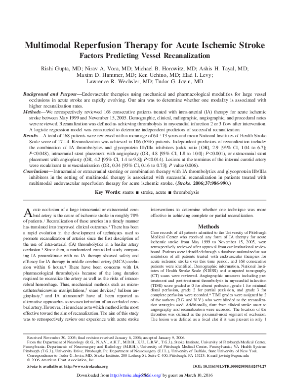 (PDF) Multimodal Reperfusion Therapy for Acute Ischemic Stroke: Factors ...