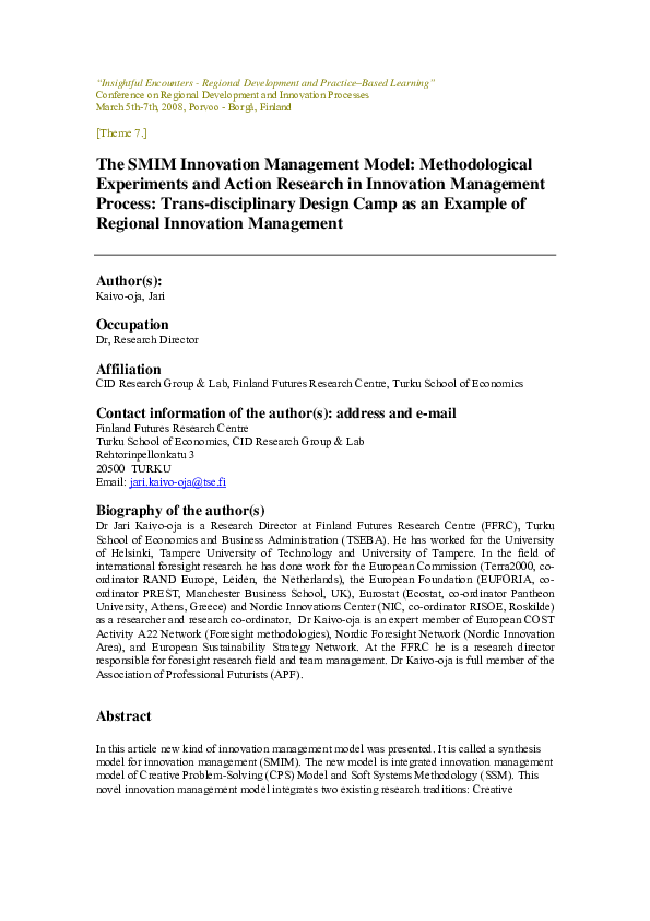 (PDF) The SMIM Innovation Management Model: Methodological Experiments ...