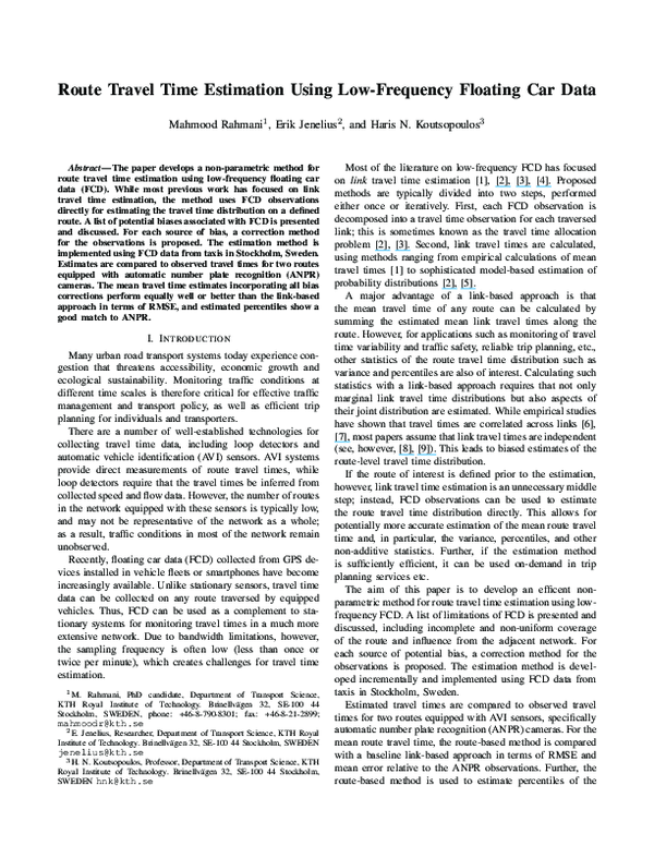 (PDF) Route travel time estimation using low-frequency floating car data