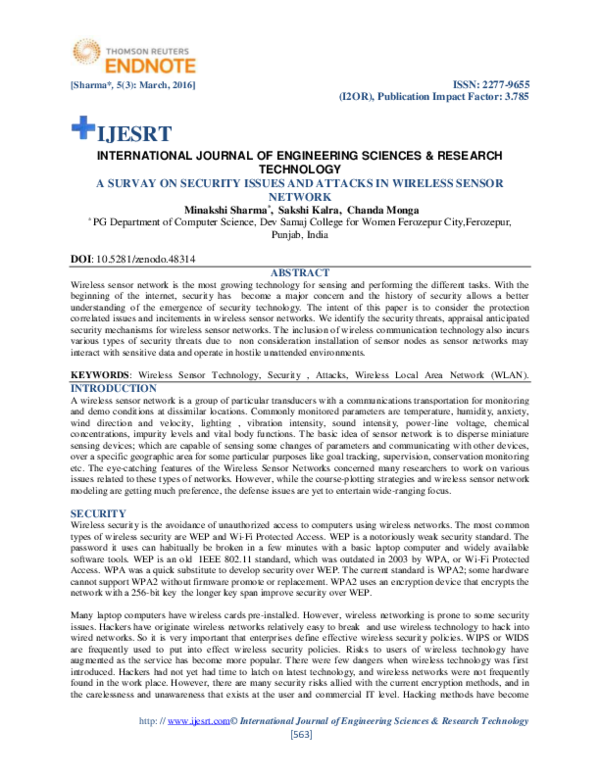 (PDF) A SURVAY ON SECURITY ISSUES AND ATTACKS IN WIRELESS SENSOR NETWORK