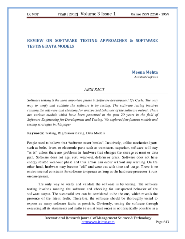 (PDF) REVIEW ON SOFTWARE TESTING APPROACHES & SOFTWARE TESTING DATA MODELS