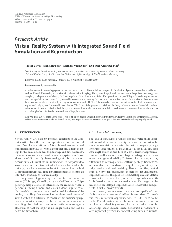 (PDF) Virtual Reality System with Integrated Sound Field Simulation and ...