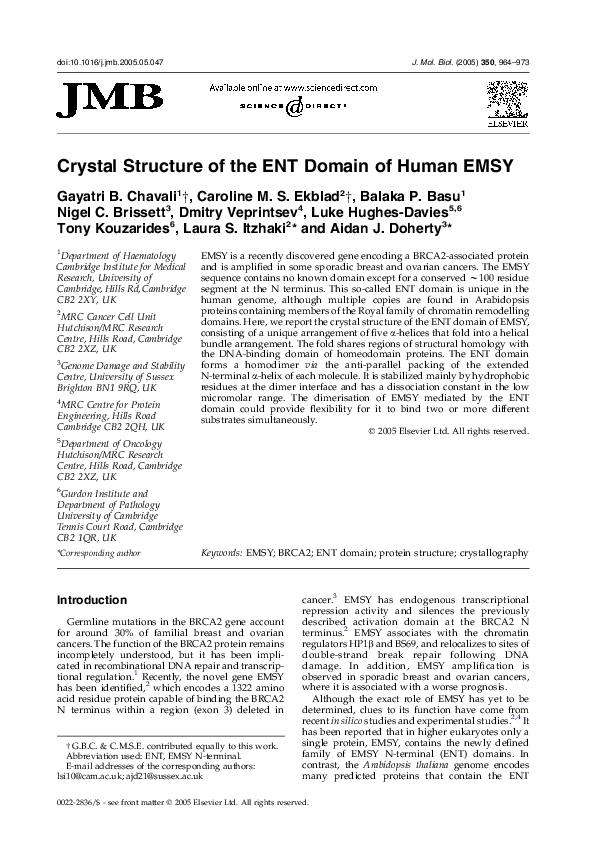 (PDF) Crystal Structure of the ENT Domain of Human EMSY