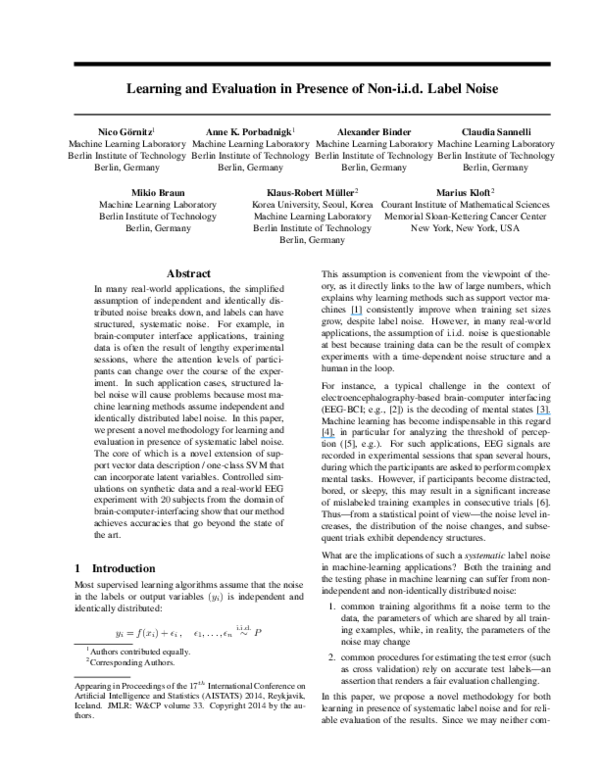(PDF) Learning and Evaluation in Presence of Non-iid Label Noise