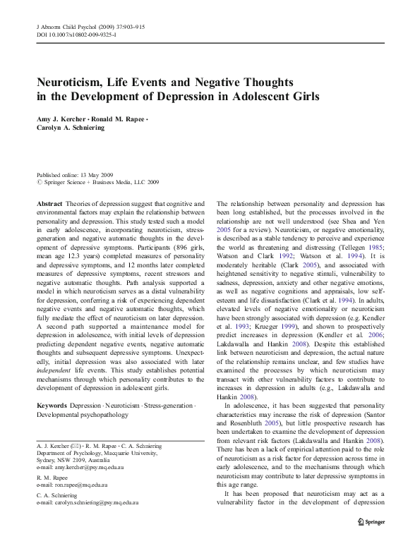 (PDF) Neuroticism, Life Events and Negative Thoughts in the Development ...