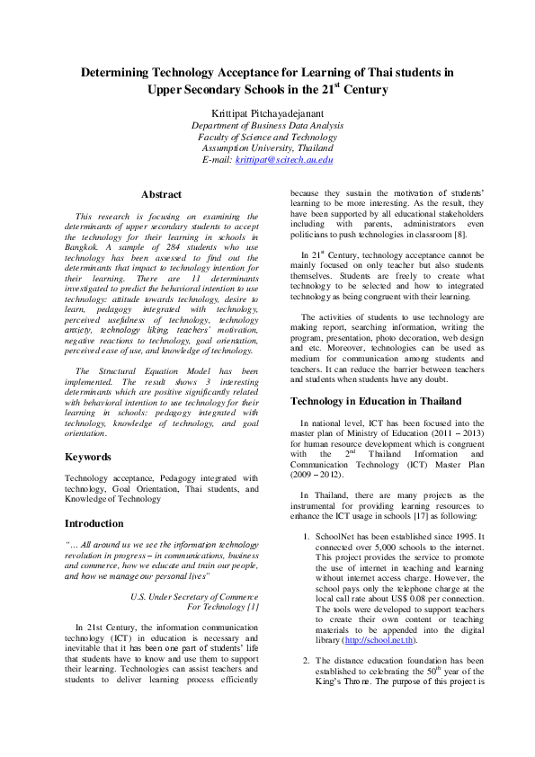 (PDF) Determining Technology Acceptance for Learning of Thai students ...