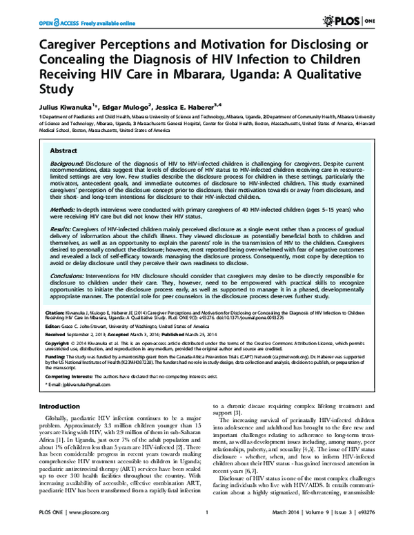 (PDF) Caregiver Perceptions and Motivation for Disclosing or Concealing ...
