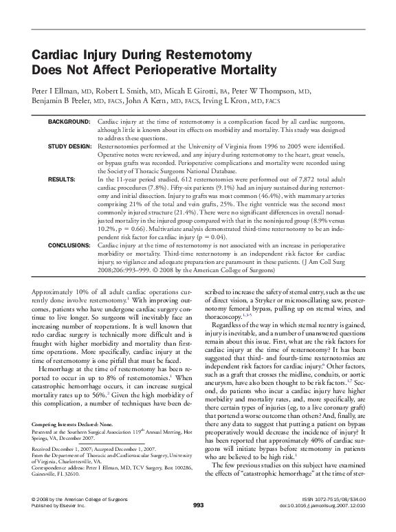 (PDF) Cardiac Injury During Resternotomy Does Not Affect Perioperative ...