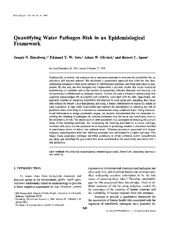 (PDF) Quantifying Water Pathogen Risk in an Epidemiological Framework