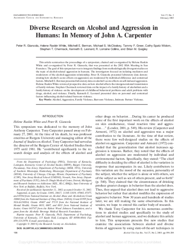 (PDF) Diverse Research on Alcohol and Aggression in Humans: In Memory ...