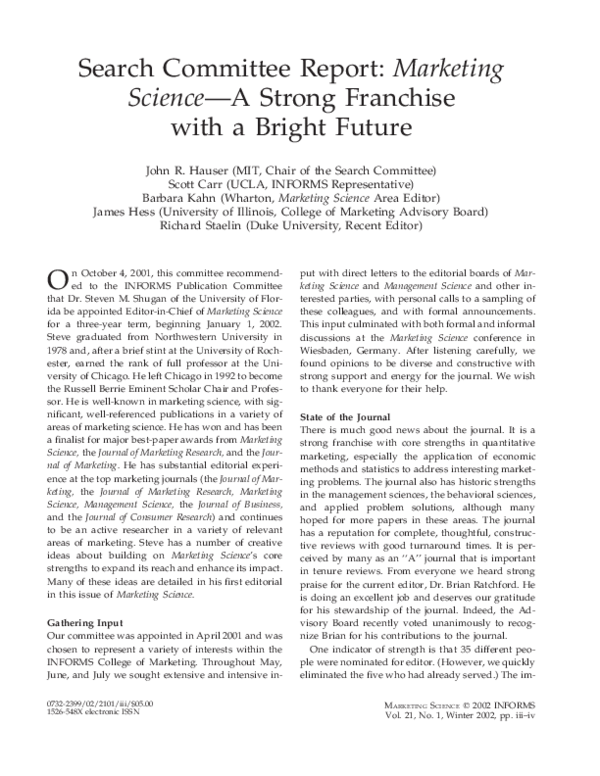 (PDF) Search Committee Report Marketing Science— A Strong Franchise