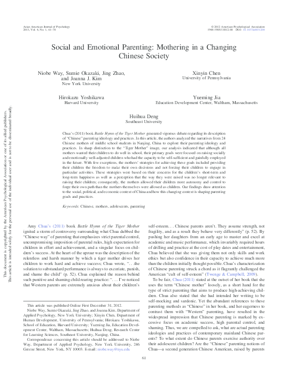 (PDF) Social and emotional parenting: Mothering in a changing Chinese ...