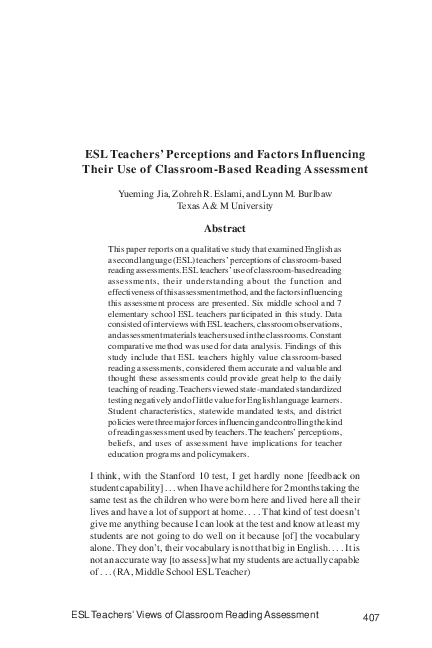 (PDF) ESL Teachers' Perceptions and Factors Influencing Their Use of ...