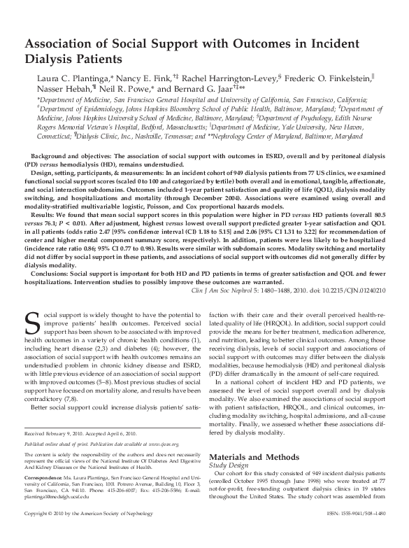 (PDF) Association of Social Support with Outcomes in Incident Dialysis ...