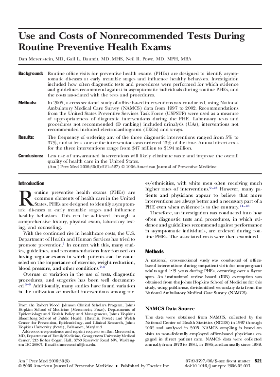 (PDF) Use and Costs of Nonrecommended Tests During Routine Preventive ...