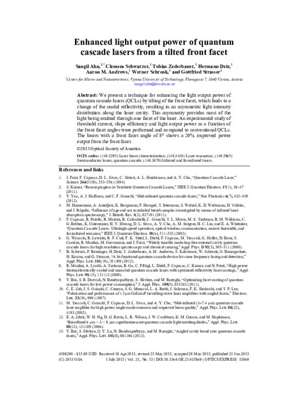 (PDF) Enhanced light output power of quantum cascade lasers from a ...