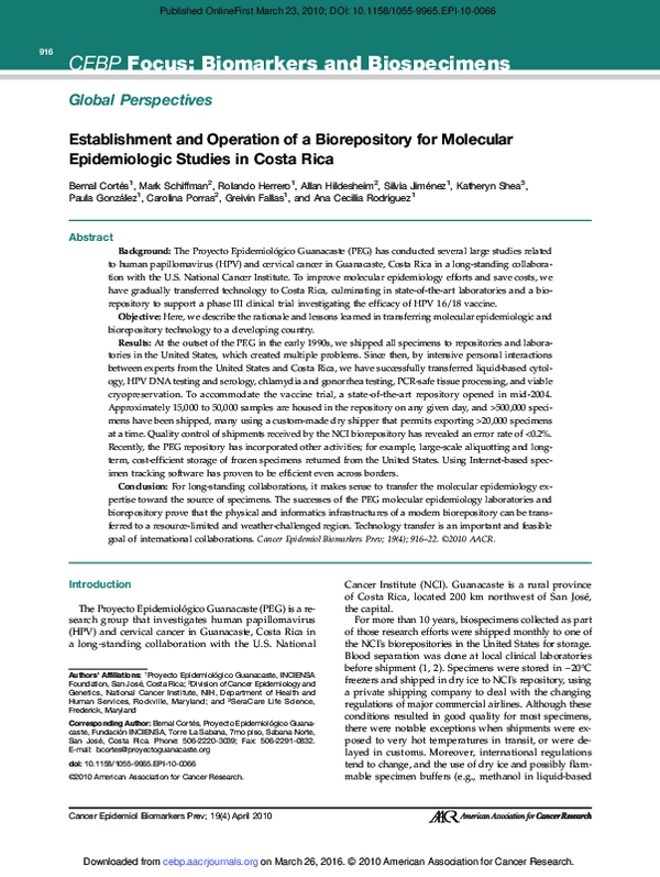 (PDF) Establishment and Operation of a Biorepository for Molecular ...