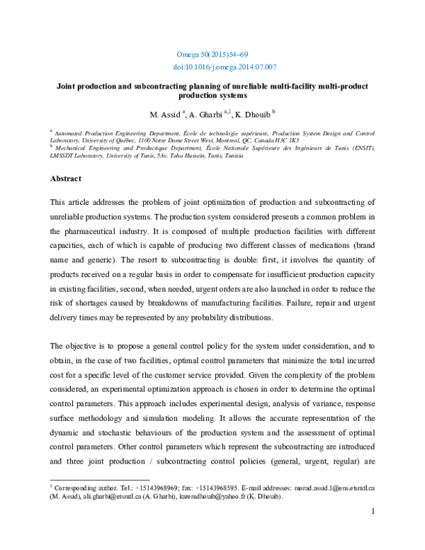 (PDF) Joint production and subcontracting planning of unreliable multi ...