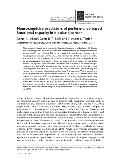 (PDF) Neurocognitive predictors of performance-based functional ...