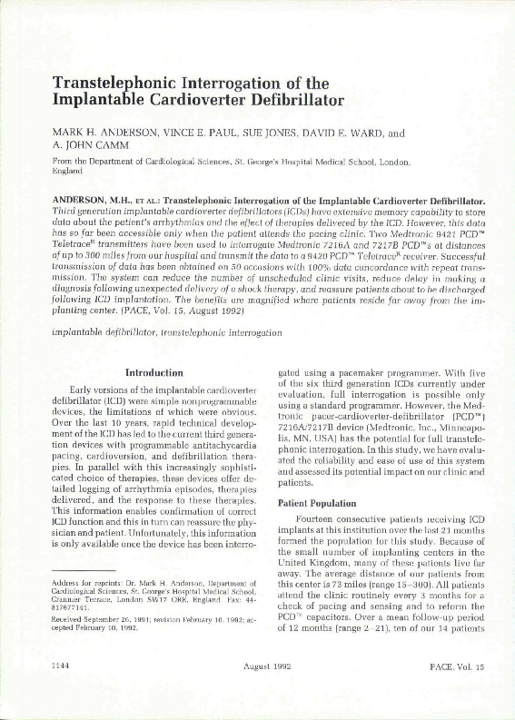 (PDF) Transtelephonic Interrogation of the Implantable Cardioverter Defibrillator Sue Jones