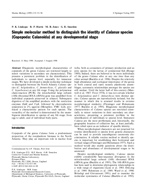 (PDF) Simple molecular method to distinguish the identity of Calanus ...