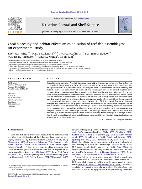 (PDF) Coral bleaching and habitat effects on colonisation of reef fish ...