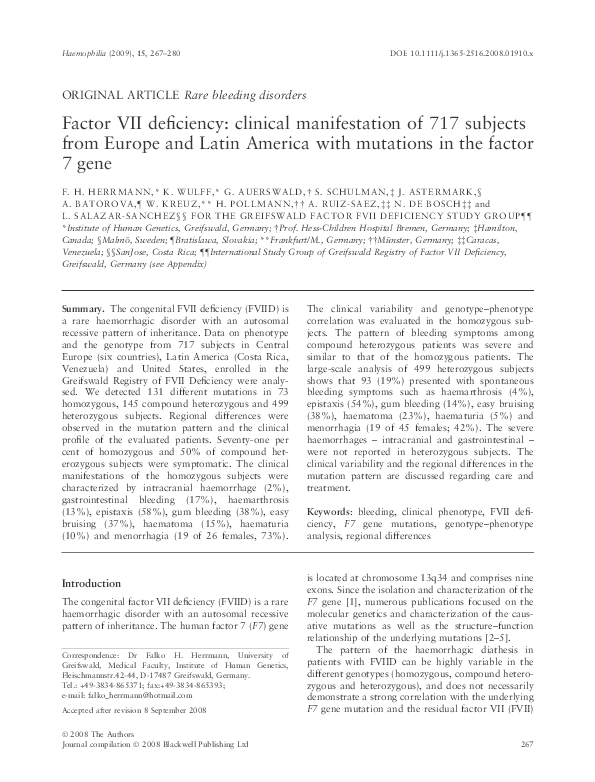 (PDF) Factor VII deficiency: clinical manifestation of 717 subjects ...
