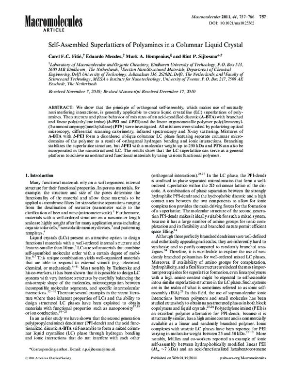 (PDF) Self-Assembled Superlattices of Polyamines in a Columnar Liquid ...