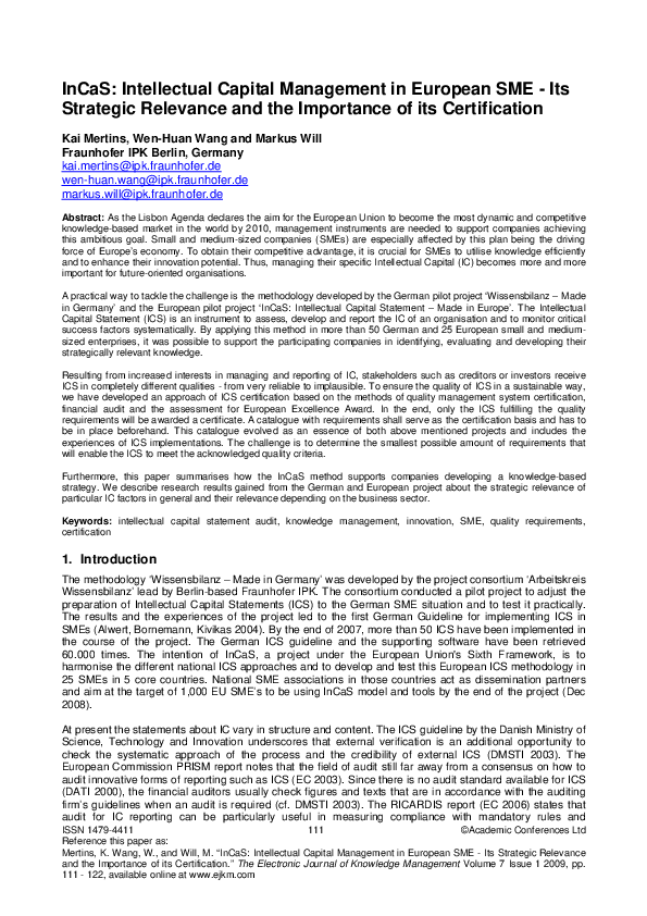(PDF) InCaS: Intellectual Capital Management in European SME - Its ...