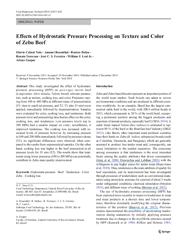 (PDF) Effects of Hydrostatic Pressure Processing on Texture and Color ...