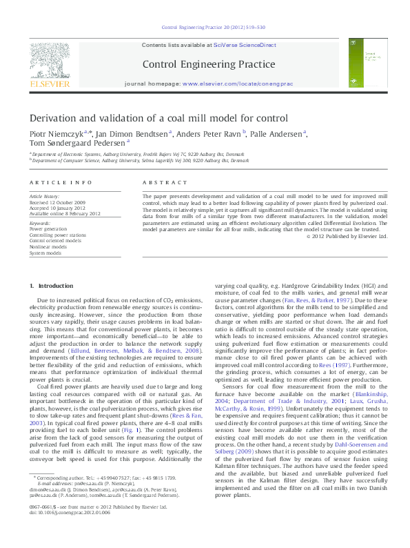 (PDF) Derivation and validation of a coal mill model for control