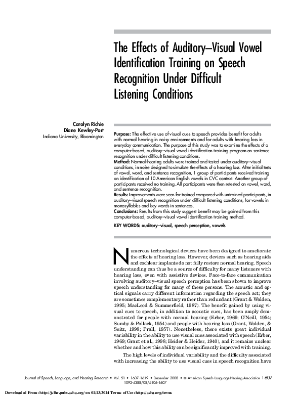 (PDF) The effects of auditory and visual vowel training on speech ...