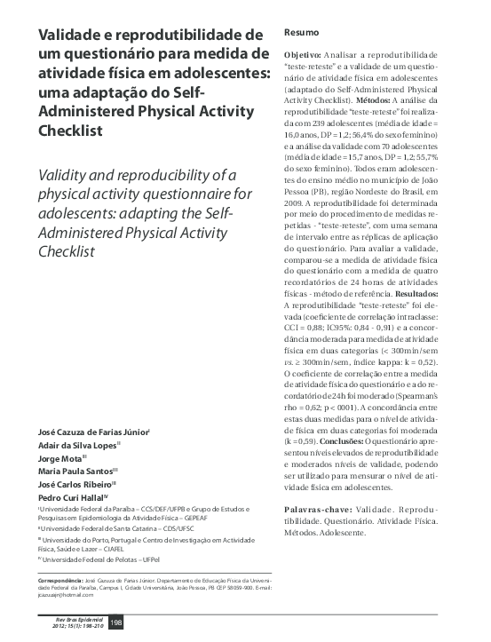 (PDF) [Validity and reproducibility of a physical activity ...