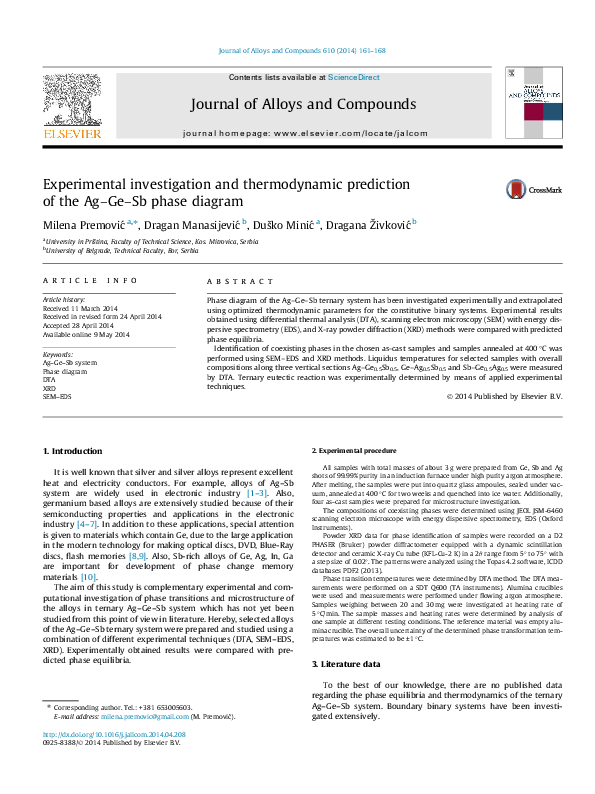 (PDF) Experimental Investigation and Thermodynamic Calculation of the ...