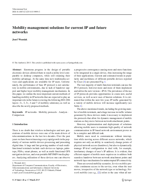 (PDF) Mobility management solutions for current IP and future networks