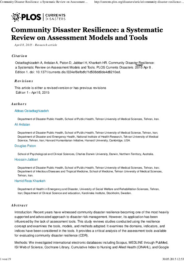 (PDF) Community Disaster Resilience a Systematic Review on Assessment ...