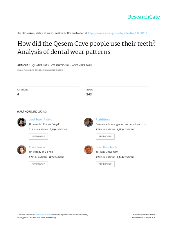 (PDF) How did the Qesem Cave people use their teeth? Analysis of dental